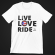 Load image into Gallery viewer, LIVE LOVE RIDE my own with Puerto Rican Flag. White T-shirt specifically designed by SensibleTees for proud Puerto Rican Women Bikers who ride their own Motorcycles. Be Proud. Be Bold. Be Represented.