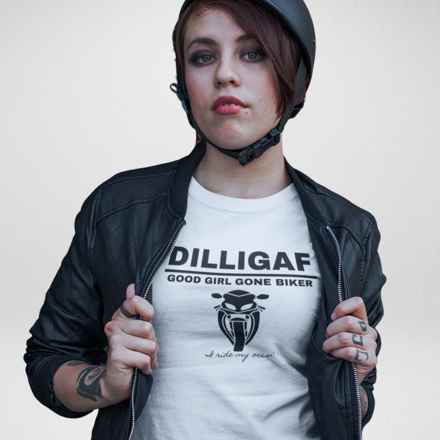 Biker girl wearing motorcycle helmet with white motorcycle t-Shirt that says "DILLIGAF" with picture of a sporty motorcycle 