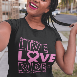 Female Rider LIVE LOVE RIDE Breast Cancer Awareness Tee - SensibleTees