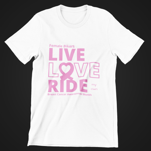 Female Rider LIVE LOVE RIDE Breast Cancer Awareness Tee - SensibleTees