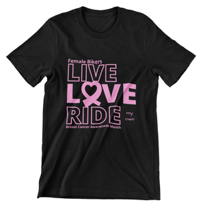 Female Rider LIVE LOVE RIDE Breast Cancer Awareness Tee - SensibleTees