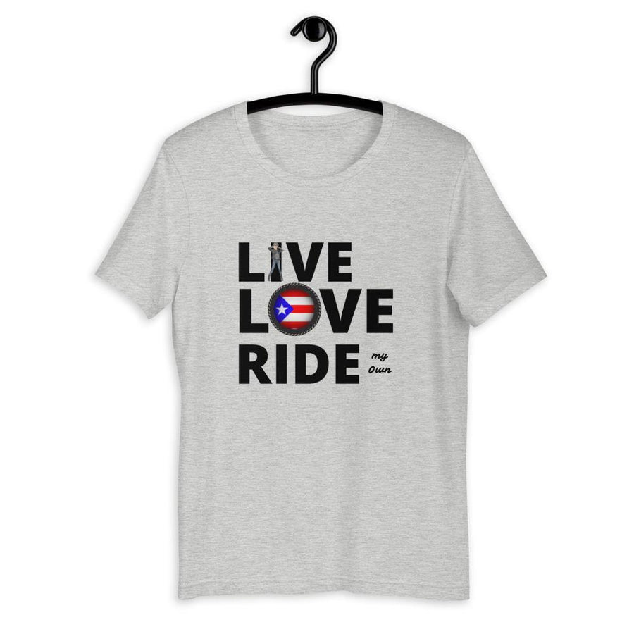 LIVE LOVE RIDE my own with Puerto Rican Flag. Gray T-shirt specifically designed by SensibleTees for proud Puerto Rican Women Bikers who ride their own Motorcycles.    Be Proud. Be Bold. Be Represented.