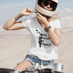Female Biker on motorcycle wearing "The Future is Female" motorcycle T-shirt