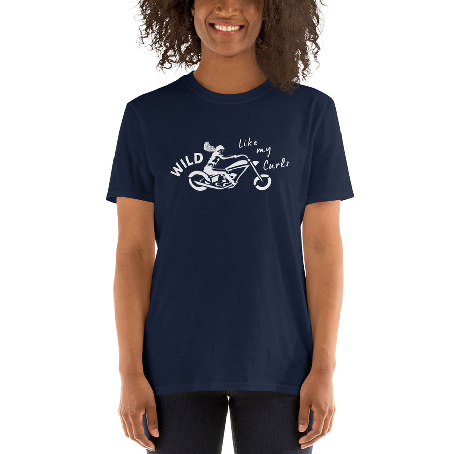 Wild Like My Curls Bagger Motorcycle T-shirt for Women who Ride Their Own Motorcycle