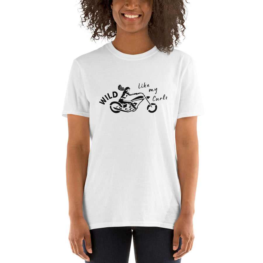 Wild Like My Curls Bagger Motorcycle T-shirt for Women who Ride Their Own Motorcycle